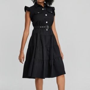 NWT Tahari ASL Women's 14 Black Tiered Colored Button Snap Belted Dress